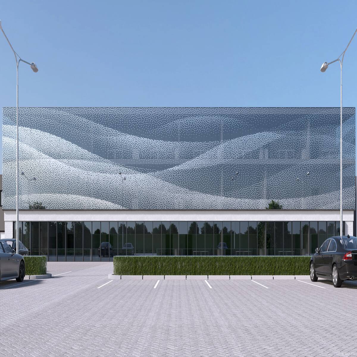 The ISOLAR DEKOREX® decodesign A70 glass features a 70% printed surface that provides strong shading and visual privacy while maintaining an elegant and modern architectural appearance.