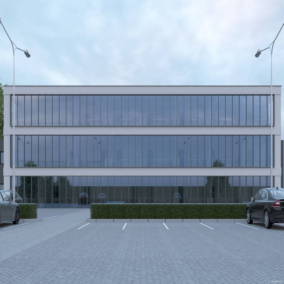 ISOLAR SOLARLUX® E71 solar control glass provides effective heat protection with high light transmission, featuring a $U_g$ value of 1.0 W/(m²K) and a g-value of 39% – ideal for modern facade architecture.