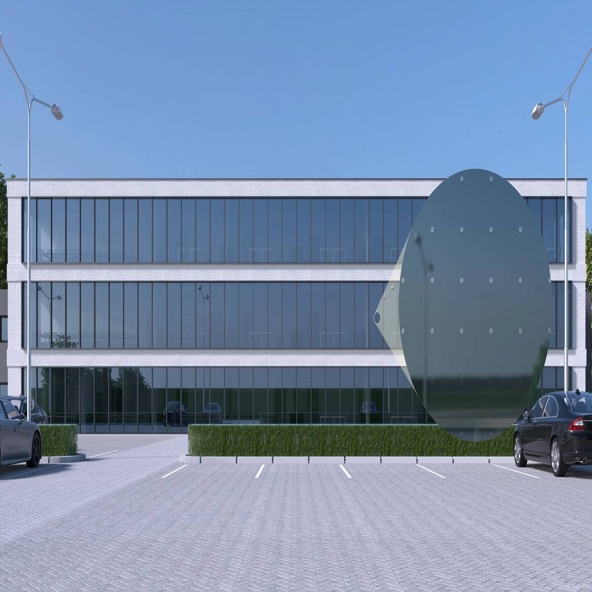 The ORNILUX® design dart A70 glass combines a fine dot pattern with UV-reflective technology, providing effective bird protection and maintaining architectural clarity in bright sunlight.
