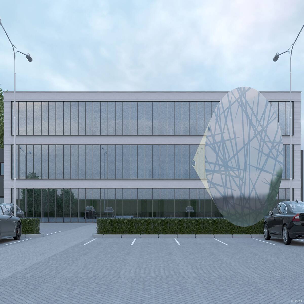 The ISOLAR ORNILUX® supermikado glass uses a random UV-structured pattern to prevent bird strikes without affecting daylight or design, ideal for sustainable architectural façades.