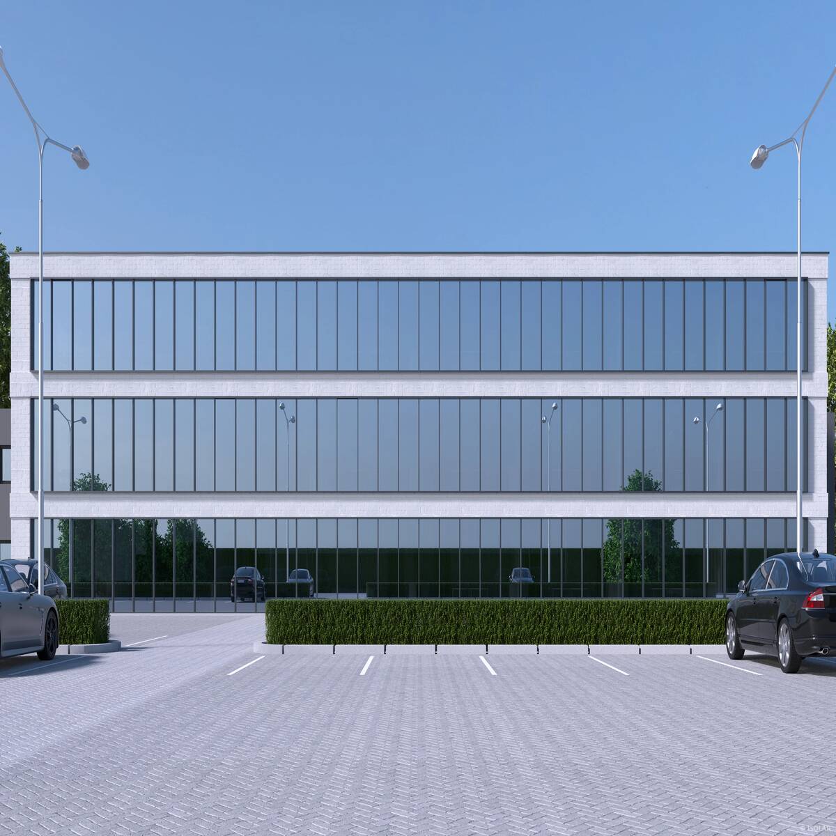 The ISOLAR SOLARLUX® sunbelt silver glass from Arnold Glas combines efficient solar protection with a refined metallic sheen, providing brightness control and a modern façade look in direct sunlight.