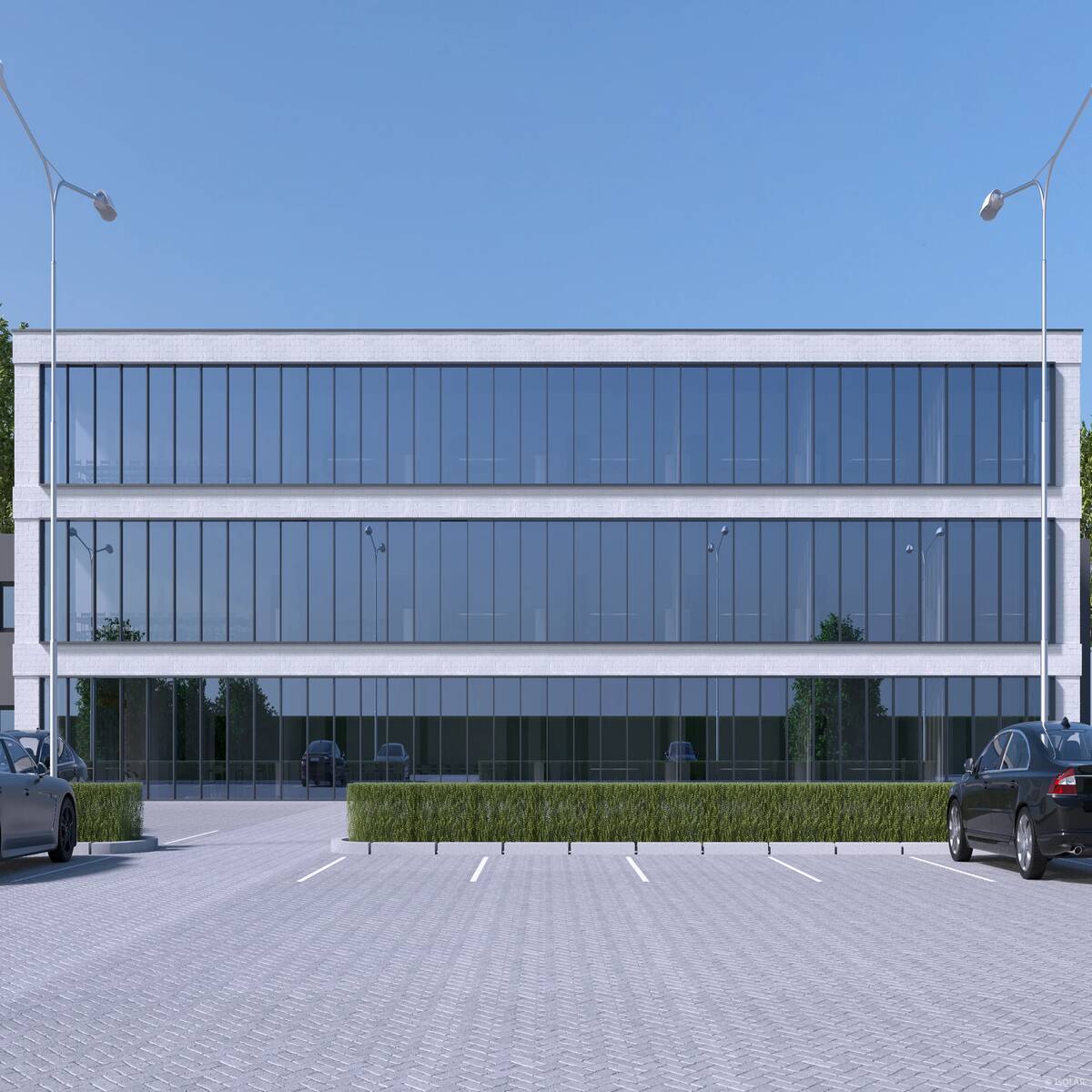 The ISOLAR SOLARLUX® sunbelt A61 glass provides excellent solar protection, high light transmission, and a neutral façade appearance, ensuring energy efficiency and comfort in bright sunlight.